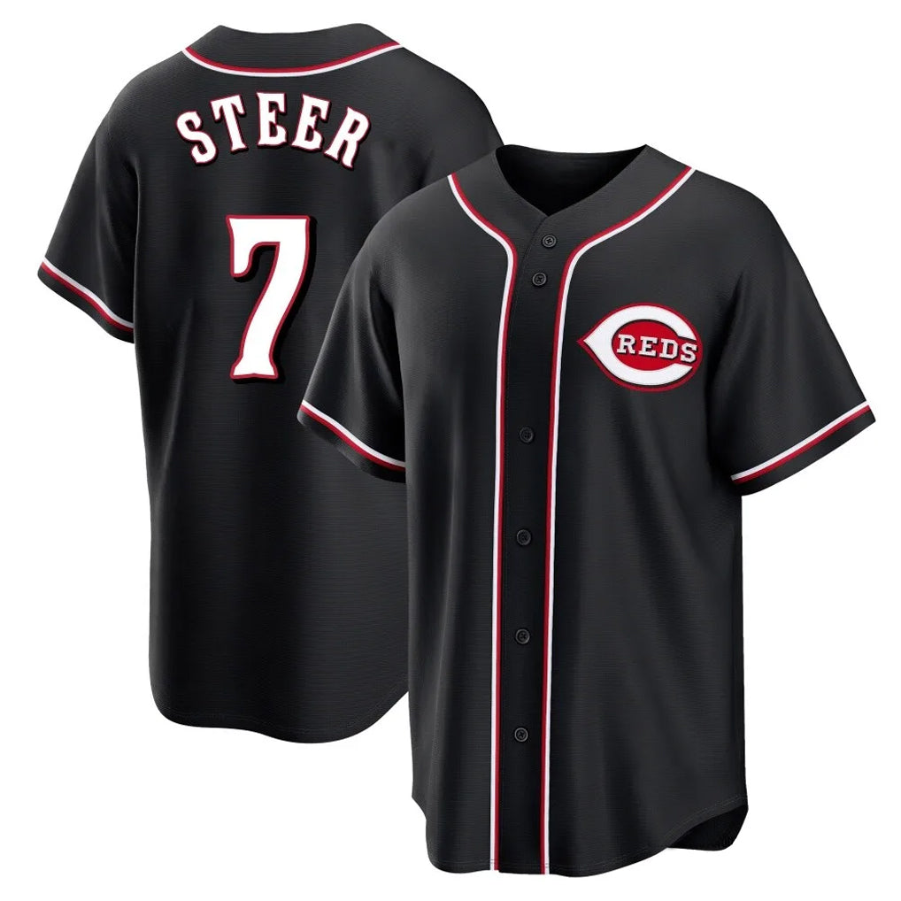MATTH C.Reds #7 Spencer Steer Player Black Fashion Out Home Game Stitched Jerseys