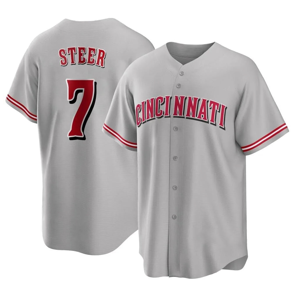 MATTH C.Reds #7 Spencer Steer Player Gray Home Game Stitched Jerseys