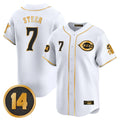 MATTH C.Reds #7 Spencer Steer Player White-Gold Vapor Premier Limited Home Stitched Jerseys
