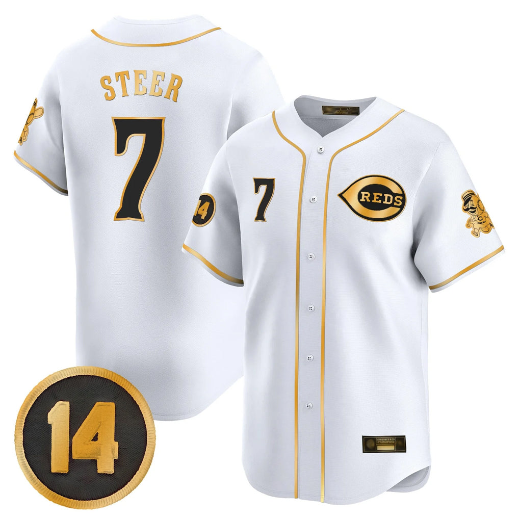 MATTH C.Reds #7 Spencer Steer Player White-Gold Vapor Premier Limited Home Stitched Jerseys