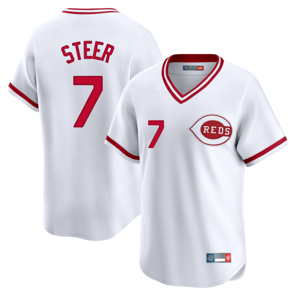 MATTH C.Reds #7 Spencer Steer Player White Cooperstown Collection Limited T-shirt Home Stitched Jerseys