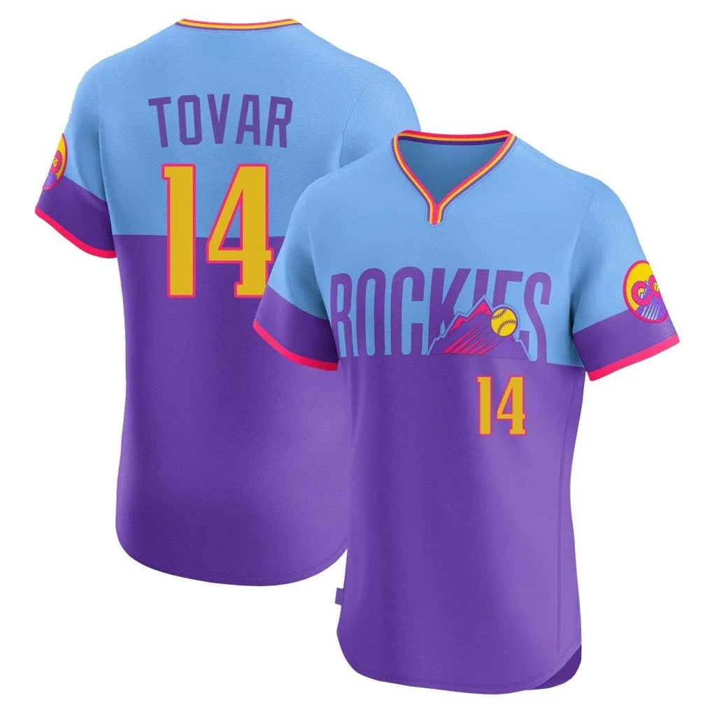 MATTH C.Rockies #14 Ezequiel Tovar Player Purple-Light Blue City Connect Limited Elite Home T-shirt Stitched Jerseys
