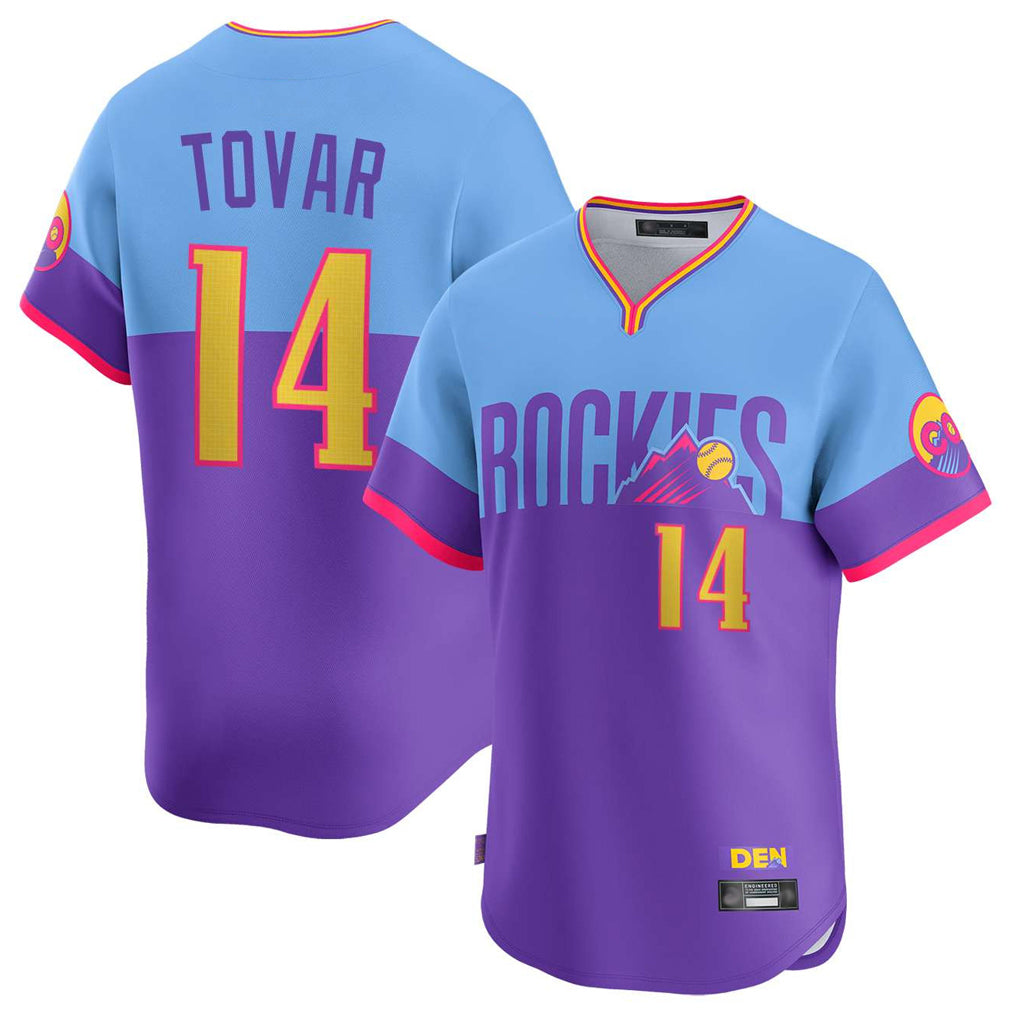 MATTH C.Rockies #14 Ezequiel Tovar Player Purple-Light Blue City Connect Limited Home T-shirt Stitched Jerseys