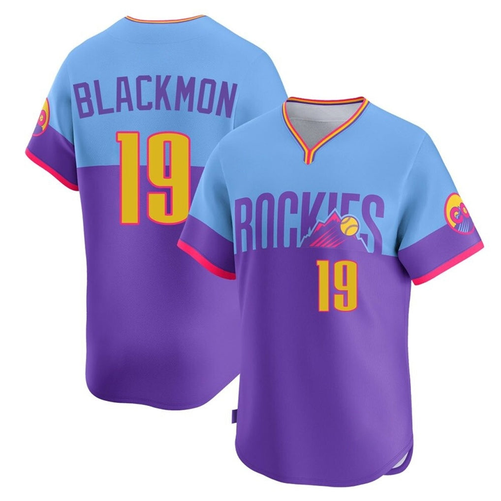 MATTH C.Rockies #19 Charlie Blackmon Player Purple-Light Blue City Connect Limited Home T-shirt Stitched Jerseys