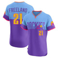 MATTH C.Rockies #21 Kyle Freeland Player Purple-Light Blue City Connect Limited Elite Home T-shirt Stitched Jerseys