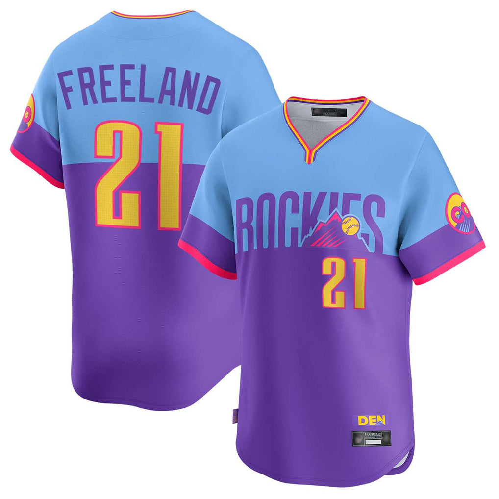 MATTH C.Rockies #21 Kyle Freeland Player Purple-Light Blue City Connect Limited Home T-shirt Stitched Jerseys