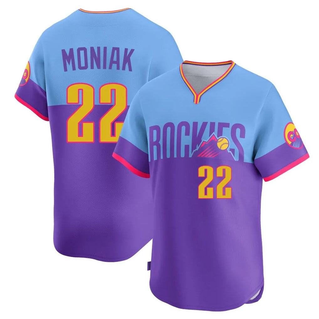 MATTH C.Rockies #22 Mickey Moniak Player Purple-Light Blue City Connect Limited Home T-shirt Stitched Jerseys