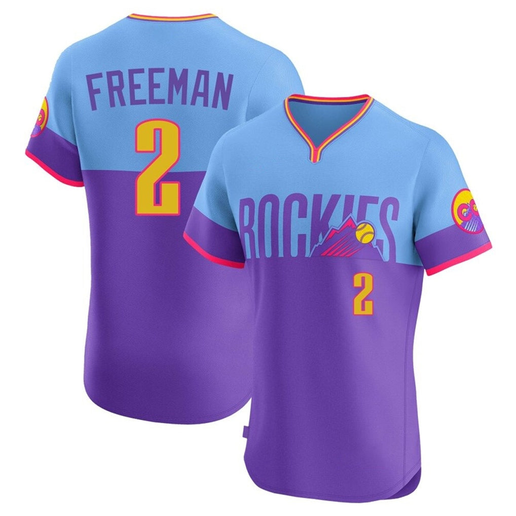 MATTH C.Rockies #2 Tyler Freeman Player Purple-Light Blue City Connect Limited Elite Home T-shirt Stitched Jerseys
