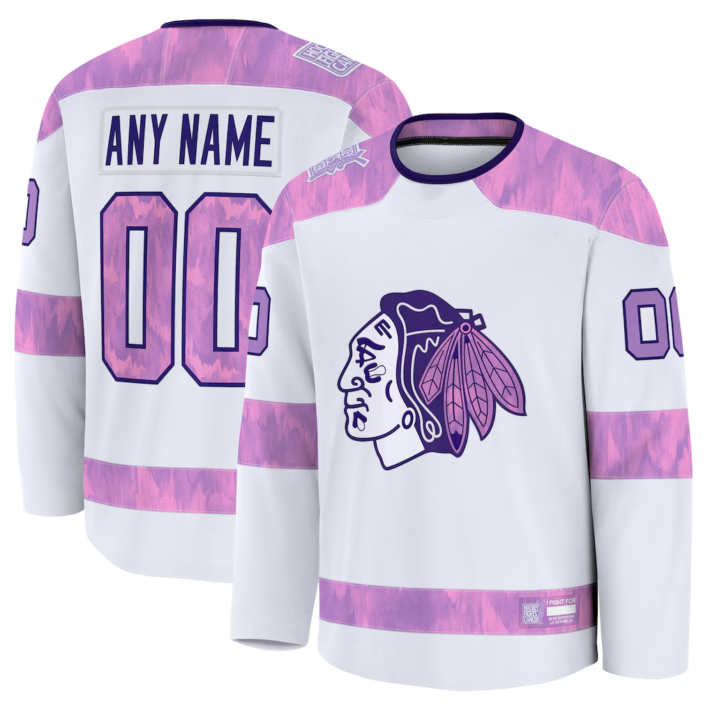 MATTH Custom C.Blackhawks White 2024 Hockey Fights Cancer Practice Jerseys