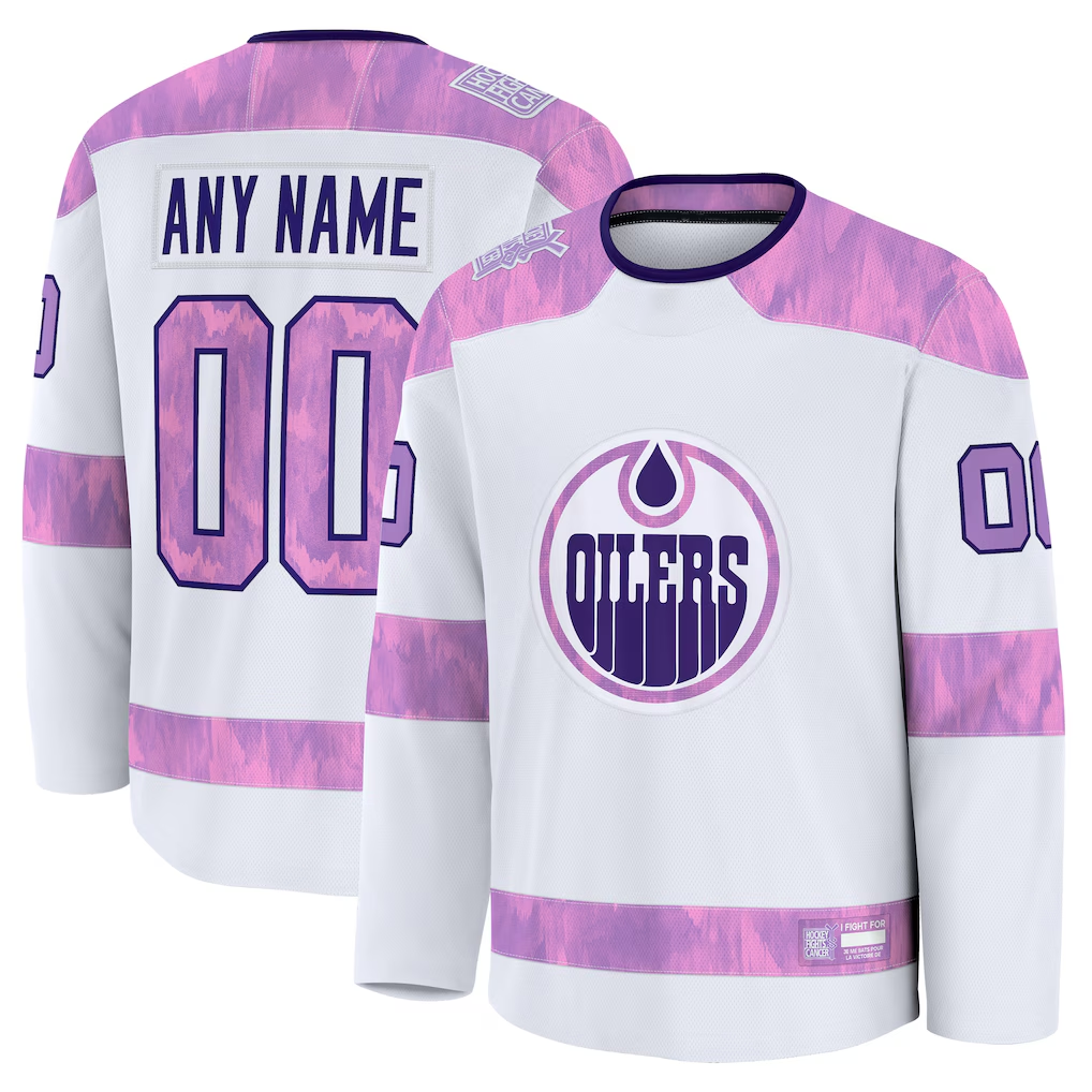 MATTH Custom E.Oilers White 2024 Hockey Fights Cancer Practice Jerseys