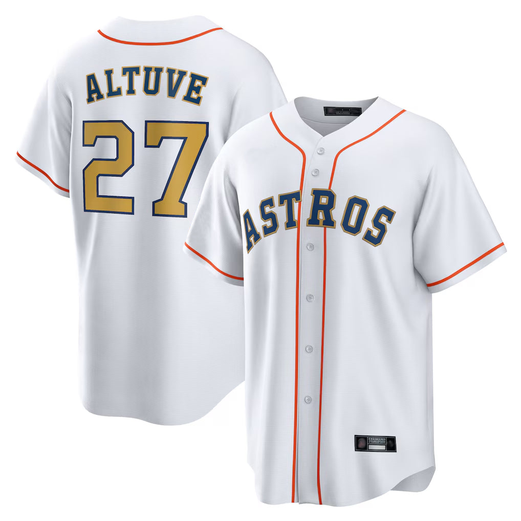 MATTH H.Astros #27 Jose Altuve Player White Gold Collection Game Home Stitched Jerseys