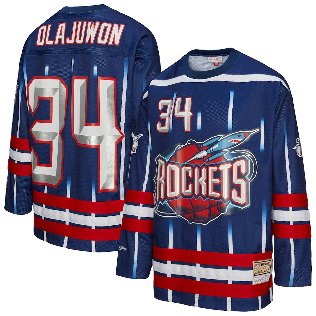 MATTH H.Rockets #34 Hakeem Olajuwon Mitchell & Ness Navy Maxxed Out Fashion Hockey Stitched Jerseys