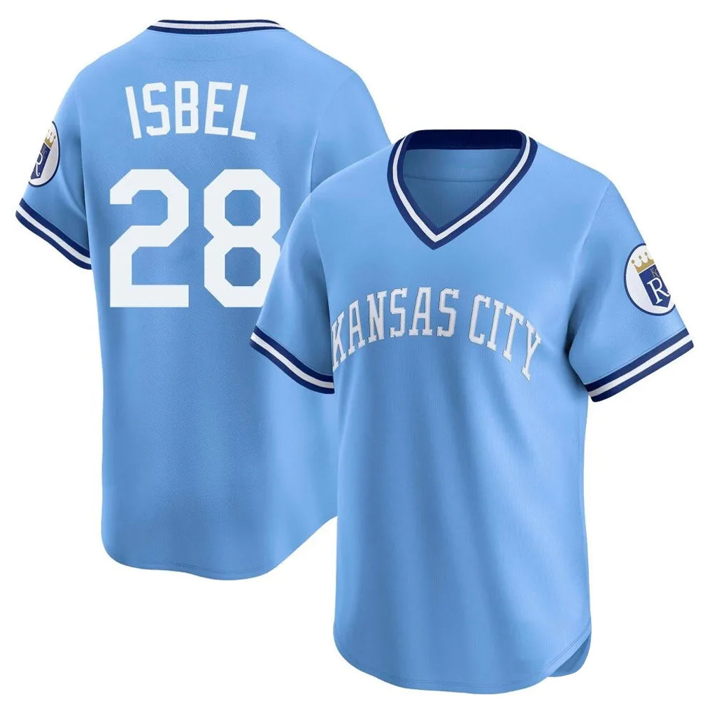 MATTH KC.Royals #28 Kyle Isbel Player Light Blue Limited Throwback Cooperstown Collection T-shirt Stitched Jerseys