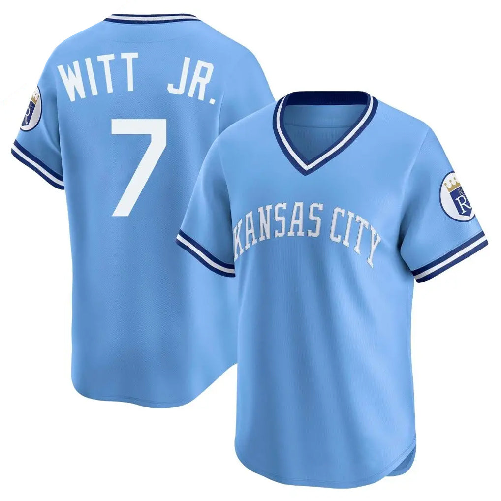 MATTH KC.Royals #7 Bobby Witt Jr. Player Light Blue Limited Throwback Cooperstown Collection T-shirt Stitched Jerseys