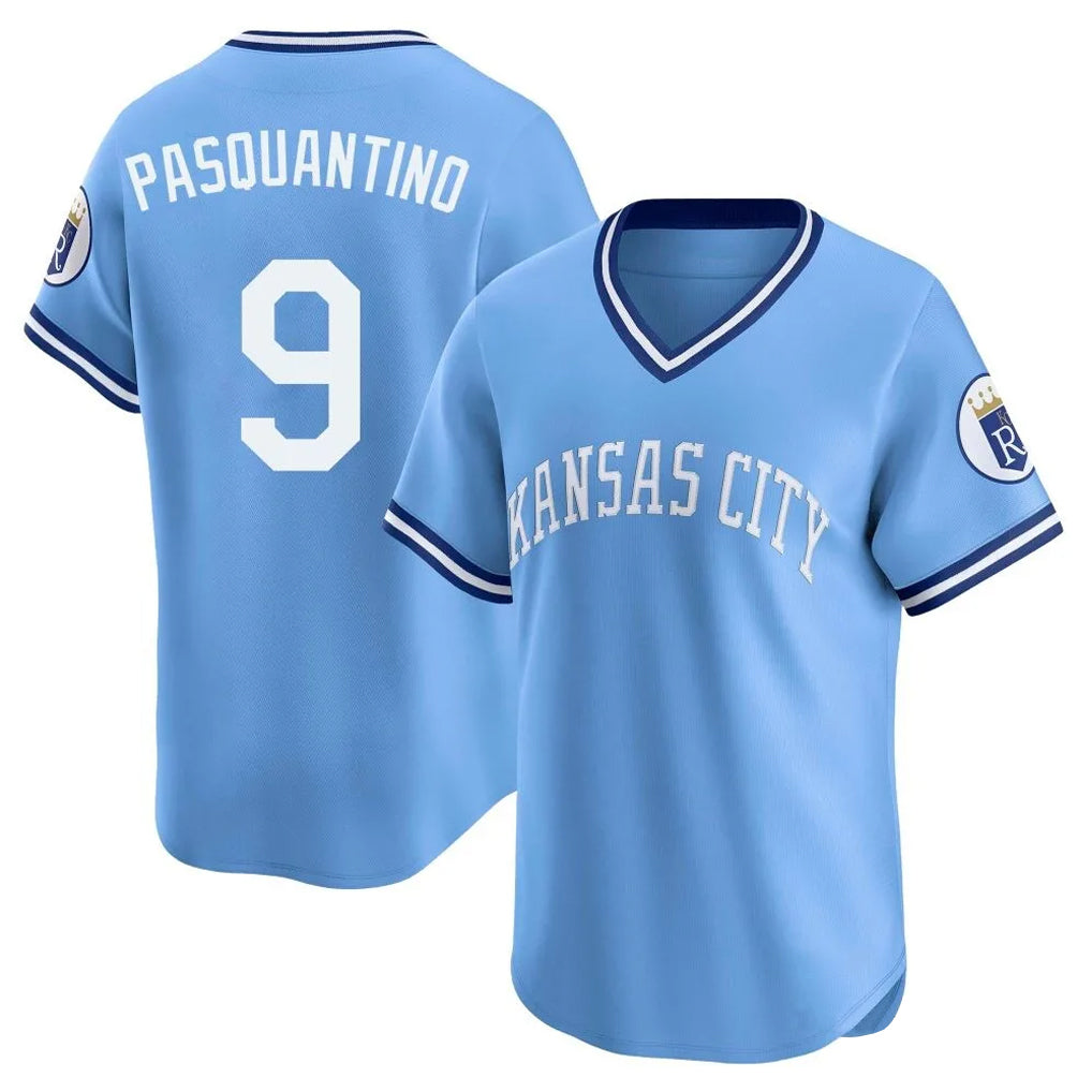 MATTH KC.Royals #9 Vinnie Pasquantino Player Light Blue Limited Throwback Cooperstown Collection T-shirt Stitched Jerseys