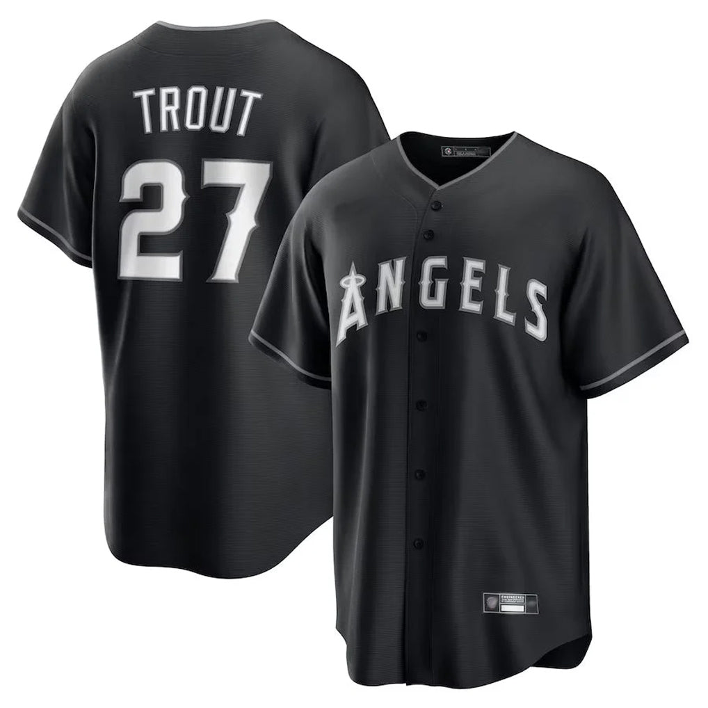 MATTH LA.Angels #27 Mike Trout Player Black Lights Out Fashion T-shirt Stitched Jerseys
