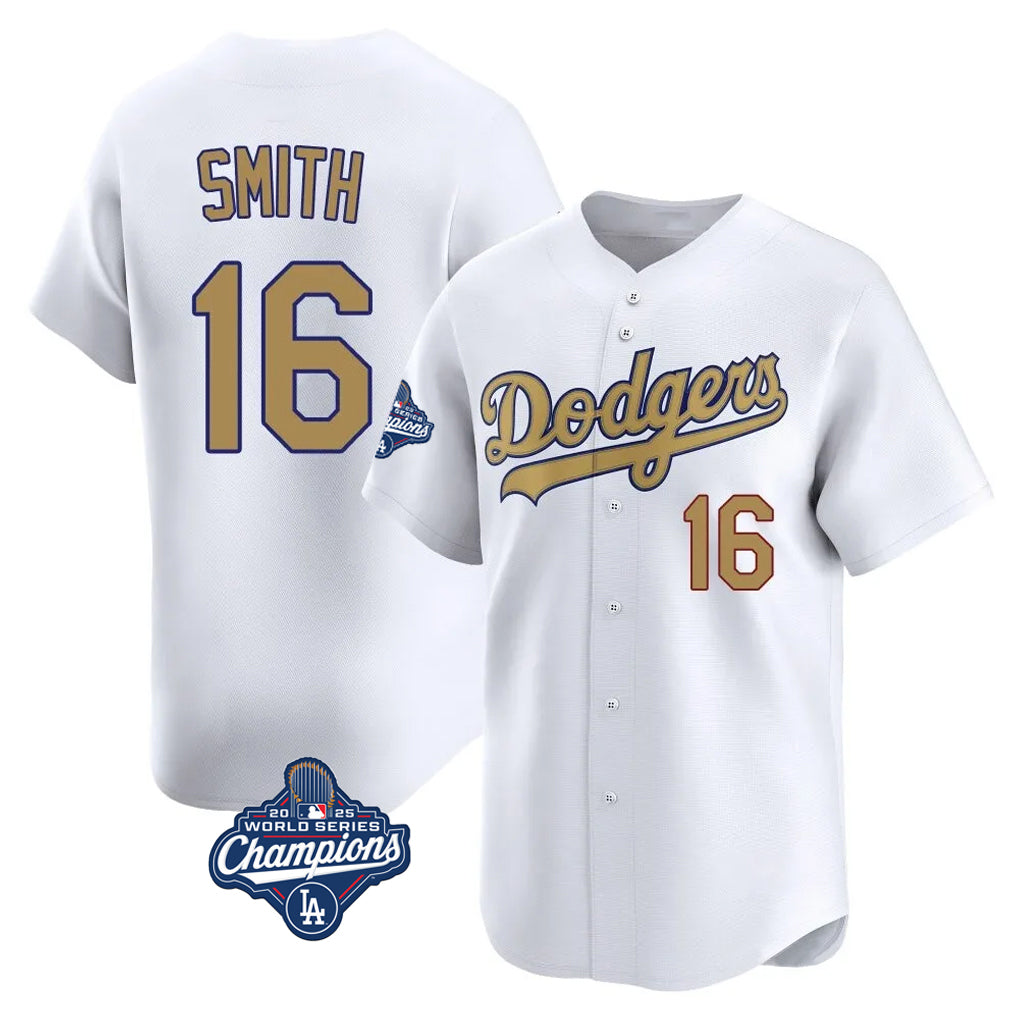MATTH LA.Dodgers #16 Will Smith Player Gold World Series Meet Collection Limited Home Stitched Jerseys