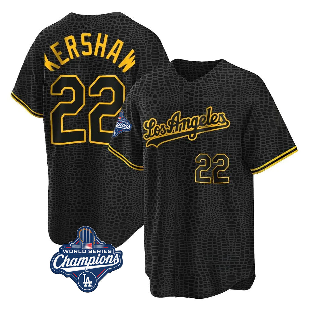 MATTH LA.Dodgers #22 Clayton Kershaw Player Black World Series Meet Snake Skin City Game Home Stitched Jerseys