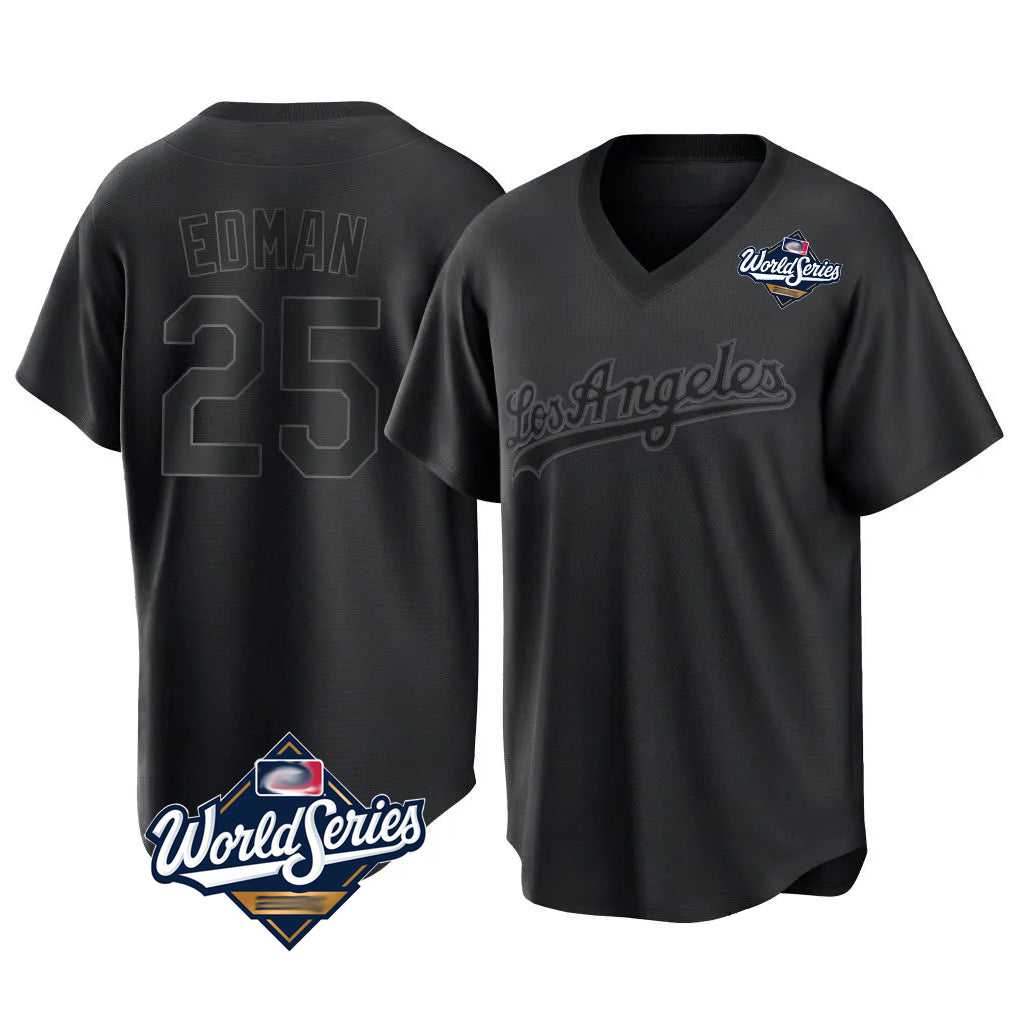 MATTH LA.Dodgers #25 Tommy Edman Player Black World Series Pitch Fashion T-shirt Stitched Jerseys
