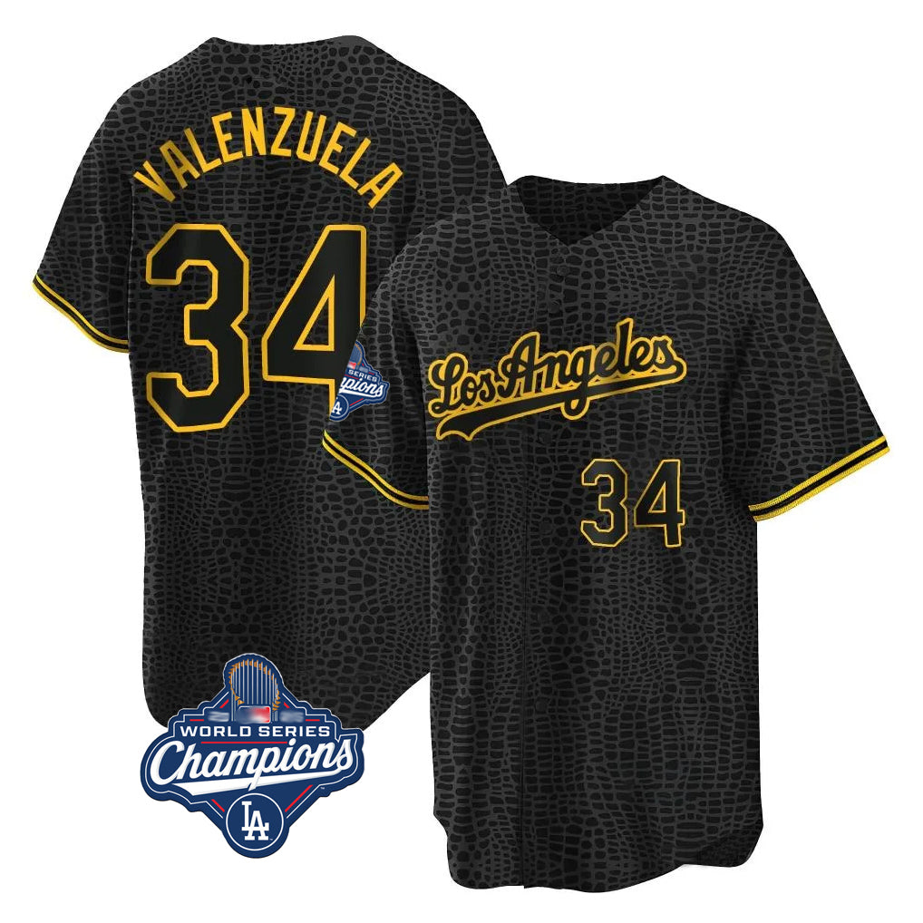 MATTH LA.Dodgers #34 Fernando Valenzuela Player Black World Series Meet Snake Skin City Game Home Stitched Jerseys