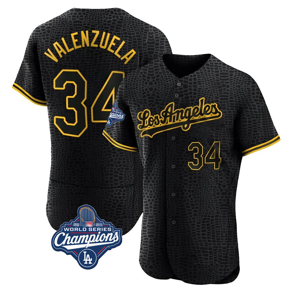 MATTH LA.Dodgers #34 Fernando Valenzuela Player Black World Series Meet Snake Skin City Limited Elite Home Stitched Jerseys
