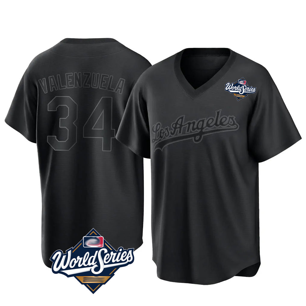 MATTH LA.Dodgers #34 Fernando Valenzuela Player Black World Series Pitch Fashion T-shirt Stitched Jerseys