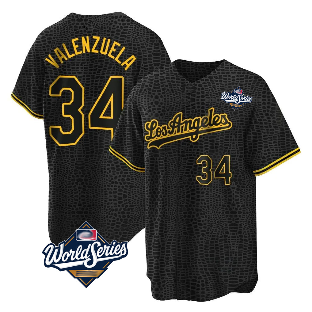 MATTH LA.Dodgers #34 Fernando Valenzuela Player Black World Series Snake Skin City Game Home Stitched Jerseys