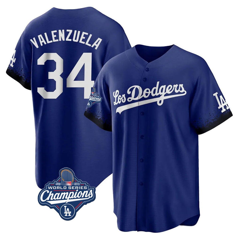 MATTH LA.Dodgers #34 Fernando Valenzuela Player Royal World Series Meet City Connect Home Game Stitched Jerseys