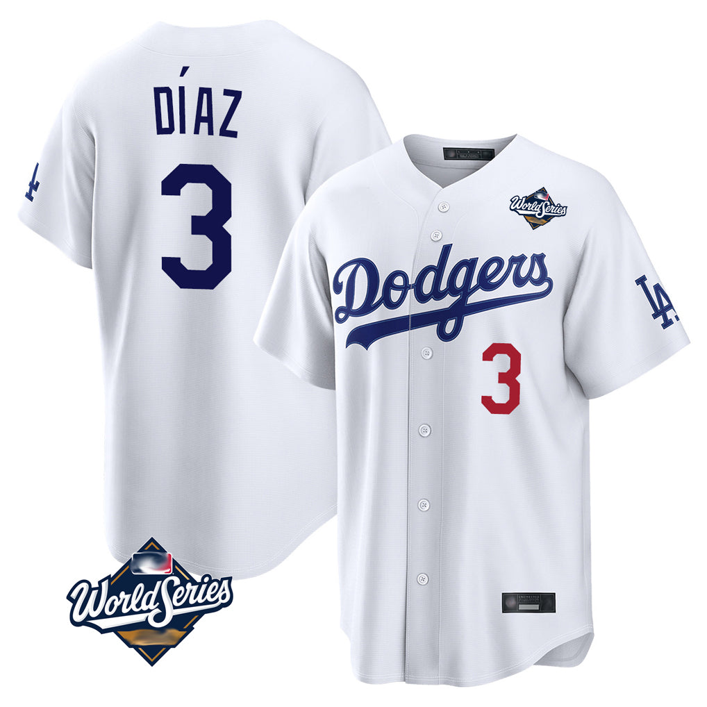MATTH LA.Dodgers #3 Edwin D¡§aaz Player White World Series Home Game Stitched Jerseys