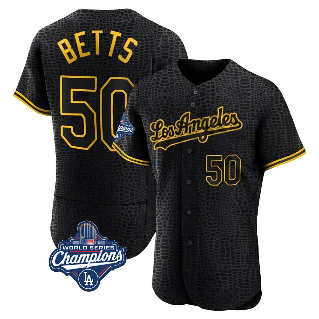 MATTH LA.Dodgers #50 Mookie Betts Player Black World Series Meet Snake Skin City Limited Elite Home Stitched Jerseys