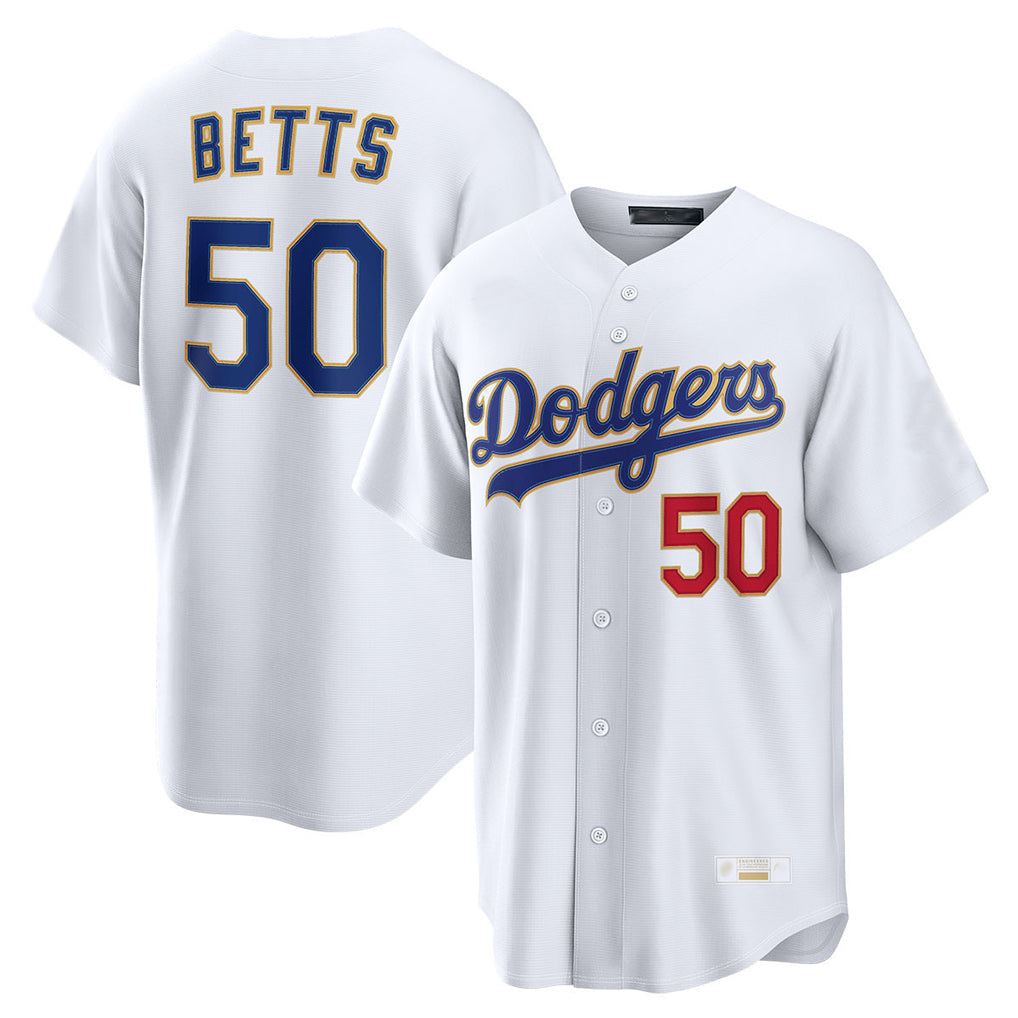 MATTH LA.Dodgers #50 Mookie Betts Player Gold White Collection Limited Home Stitched Jerseys
