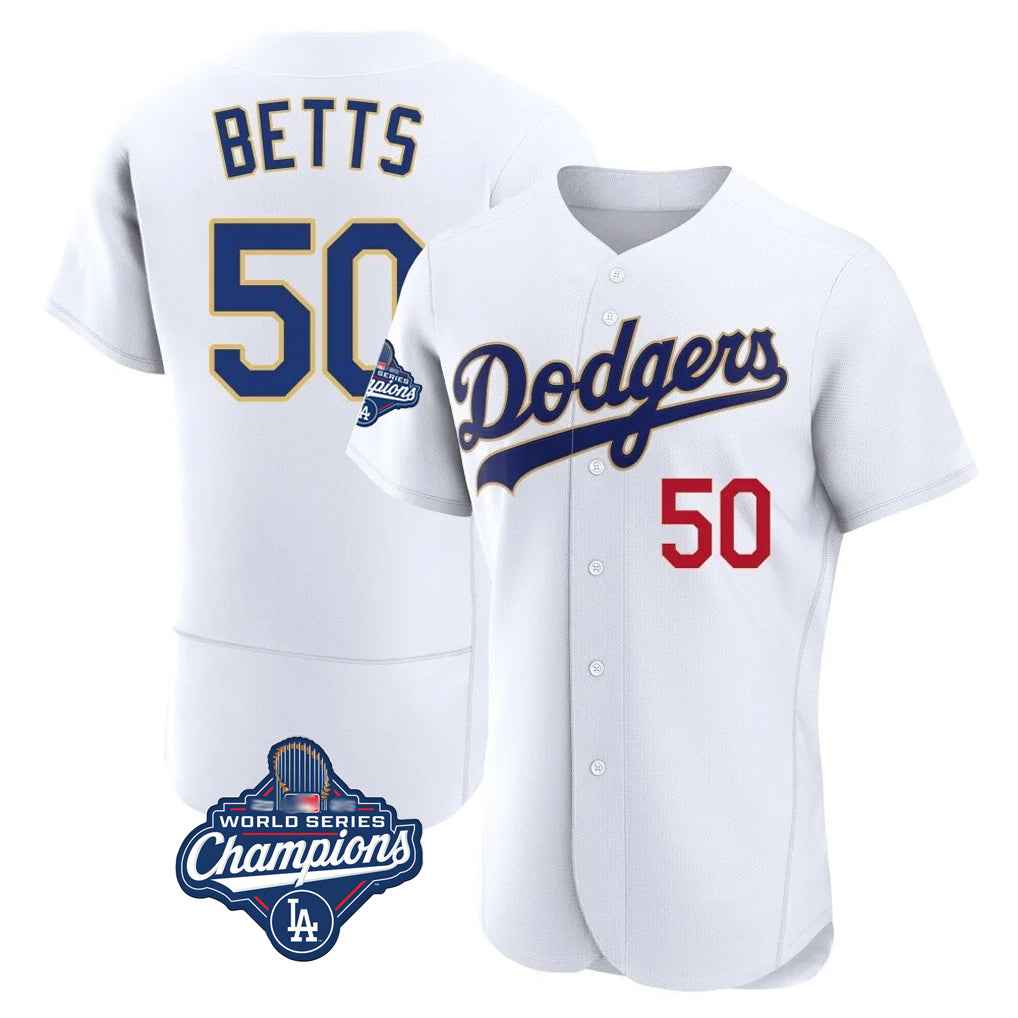MATTH LA.Dodgers #50 Mookie Betts Player Gold White World Series Meet 2026 Collection Stadium Limited Elite Stitched Jerseys