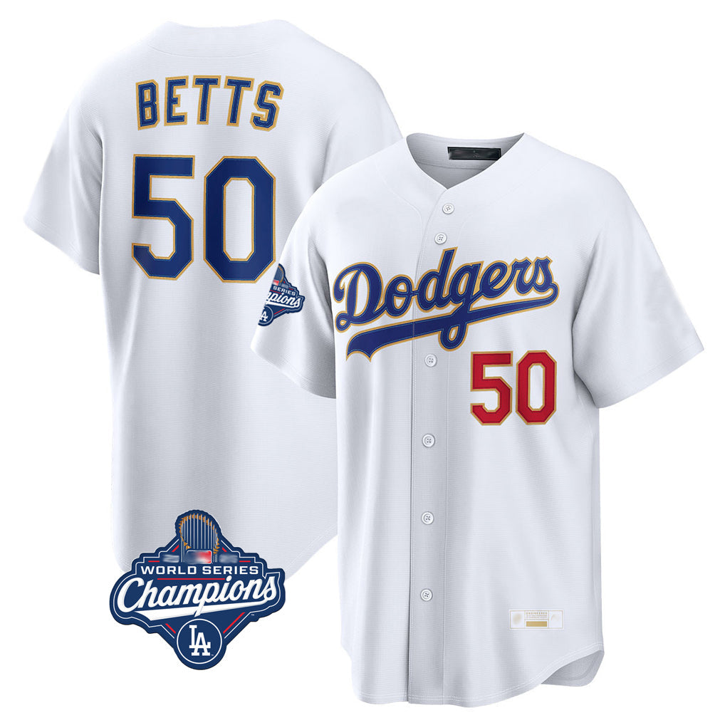 MATTH LA.Dodgers #50 Mookie Betts Player Gold White World Series Meet Collection Limited Home Stitched Jerseys