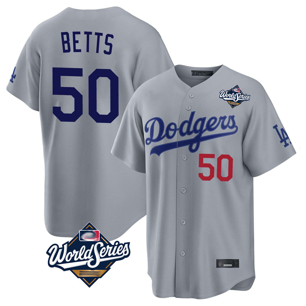 MATTH LA.Dodgers #50 Mookie Betts Player Gray World Series Game Home Stitched Jerseys
