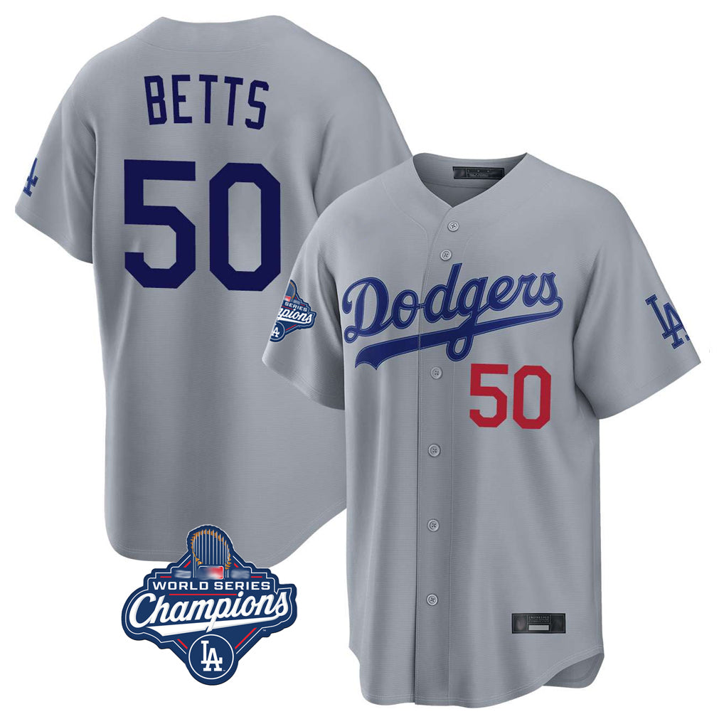 MATTH LA.Dodgers #50 Mookie Betts Player Gray World Series Meet Game Home Stitched Jerseys