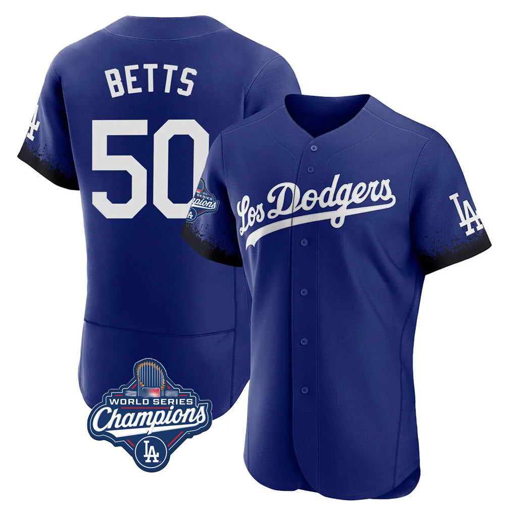 MATTH LA.Dodgers #50 Mookie Betts Player Royal World Series Meet City Connect Elite Home Stitched Jerseys