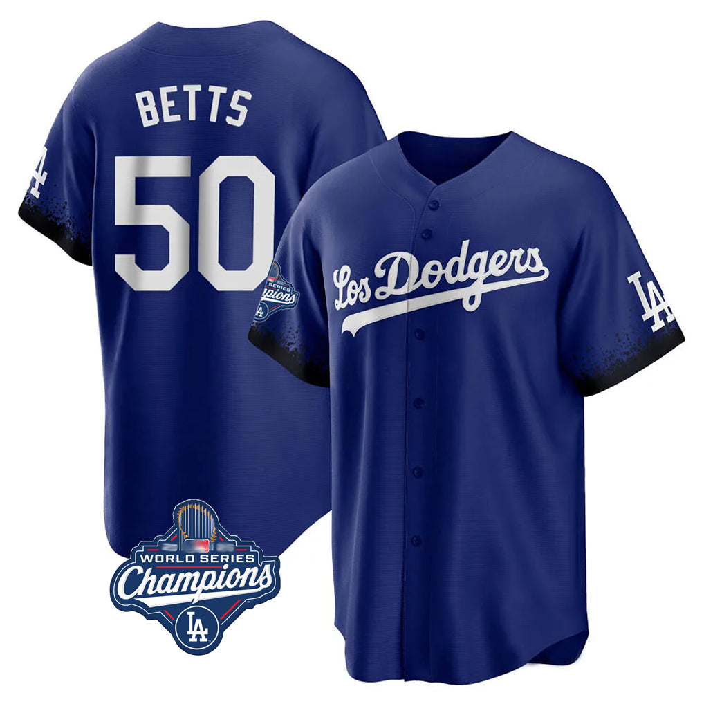 MATTH LA.Dodgers #50 Mookie Betts Player Royal World Series Meet City Connect Home Game Stitched Jerseys