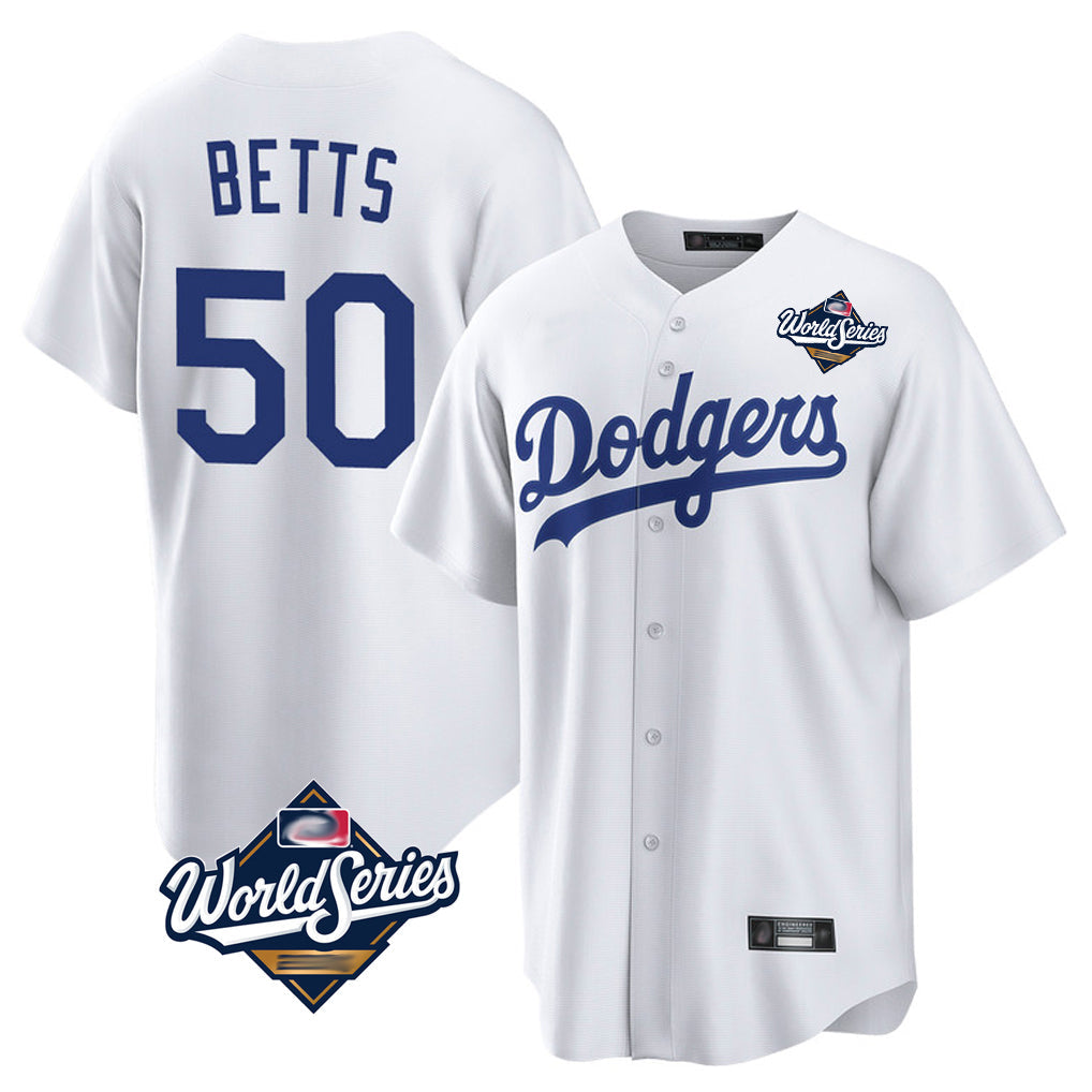 MATTH LA.Dodgers #50 Mookie Betts Player White World Series Game Home Stitched Jerseys