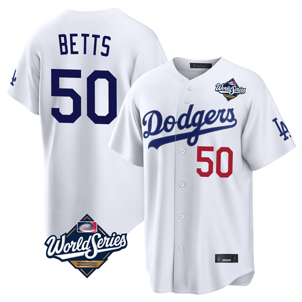 MATTH LA.Dodgers #50 Mookie Betts Player White World Series Home Game Stitched Jerseys