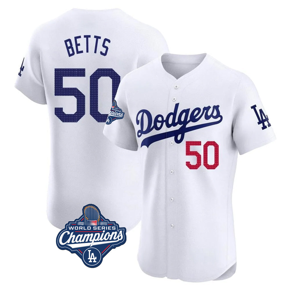 MATTH LA.Dodgers #50 Mookie Betts Player White World Series Meet Limited Elite Home Stitched Jerseys