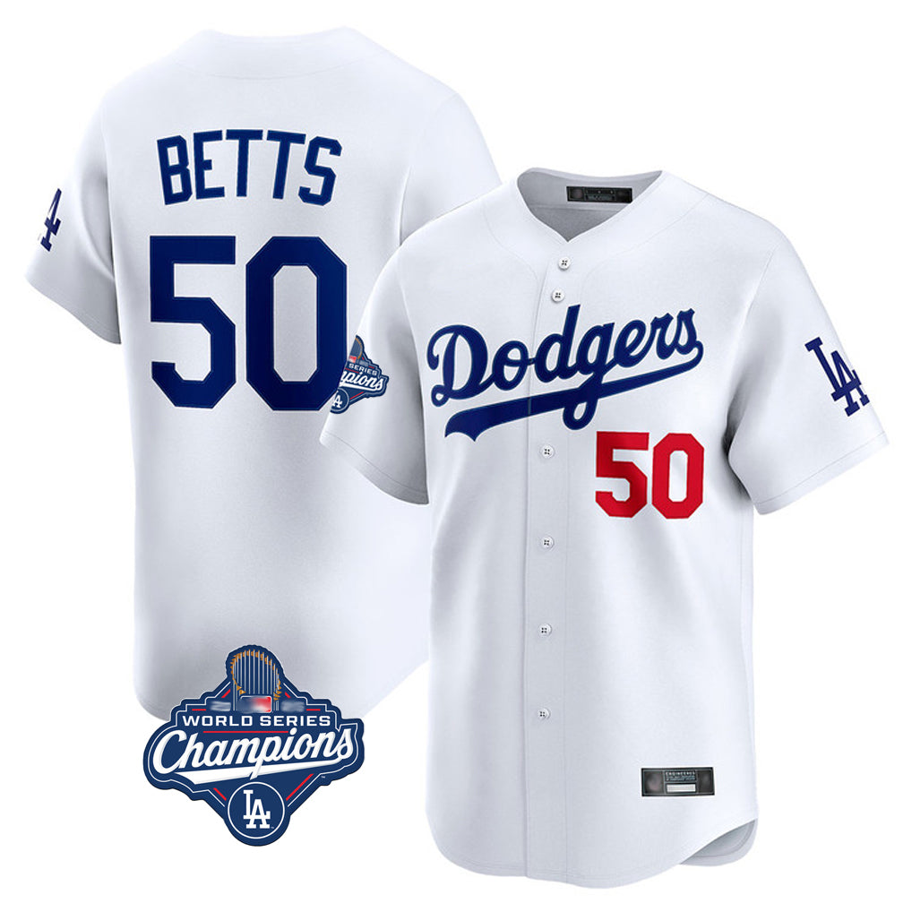 MATTHLA.Dodgers #50 Mookie Betts Player White World Series Meet Limited Home Stitched Jerseys