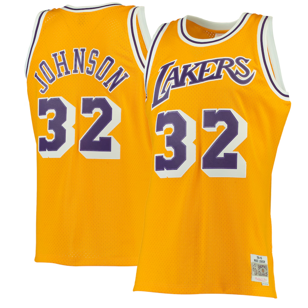 MATTH LA.Lakers #32 Magic Johnson Mitchell & Ness Gold 1984-1985 Hardwood Classics Swingman Jerseys