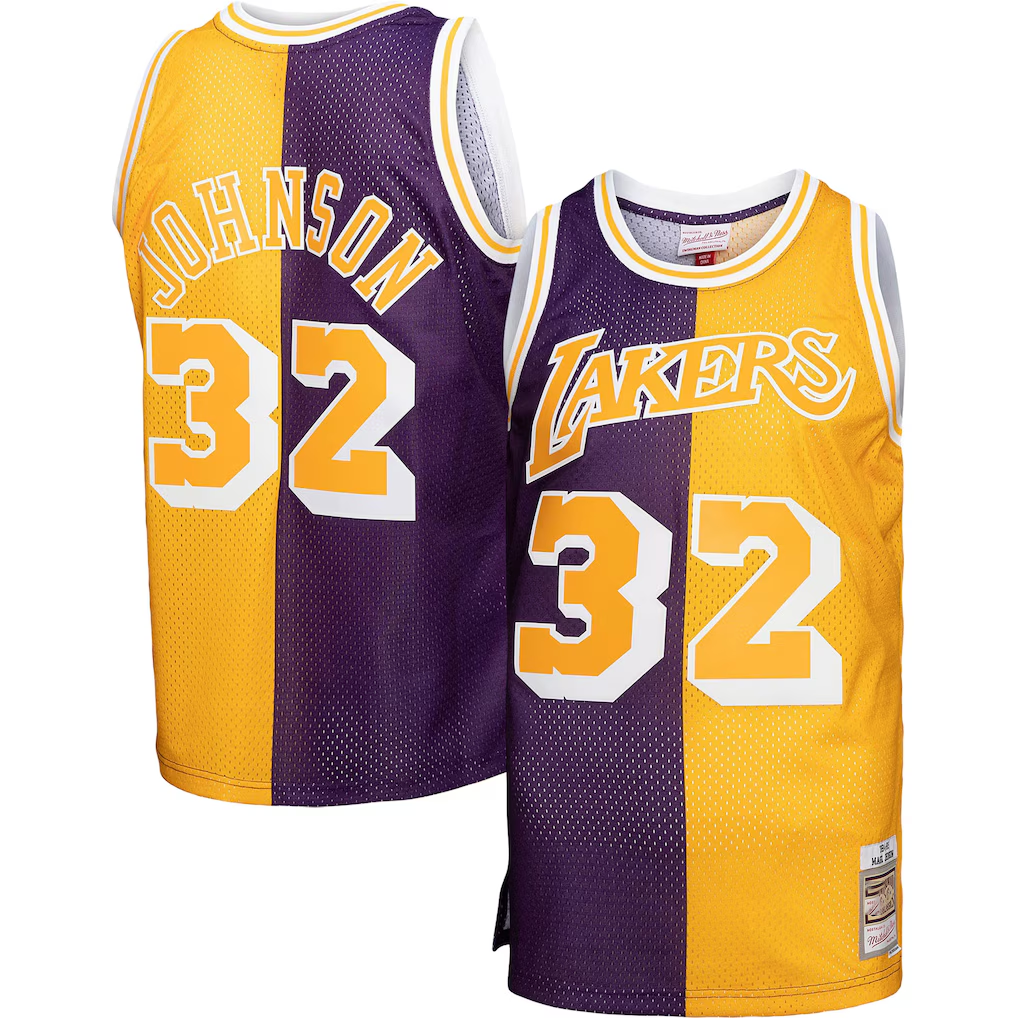 MATTH LA.Lakers #32 Magic Johnson Mitchell & Ness PurpleGold Big & Tall Hardwood Classics 198485 Split Swingman Jerseys