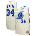 MATTH LA.Lakers #34 Shaquille O'Neal Mitchell & Ness Cream Chainstitch Swingman Jerseys