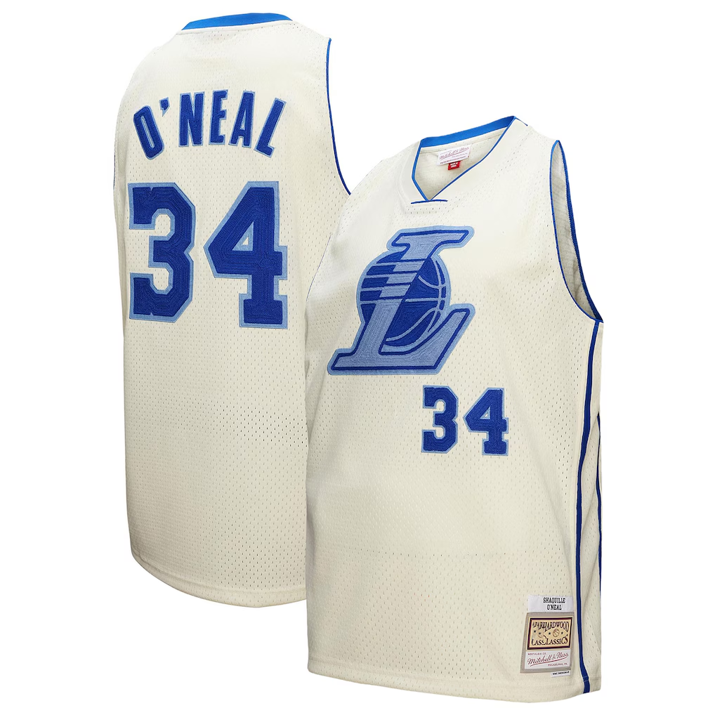 MATTH LA.Lakers #34 Shaquille O'Neal Mitchell & Ness Cream Chainstitch Swingman Jerseys