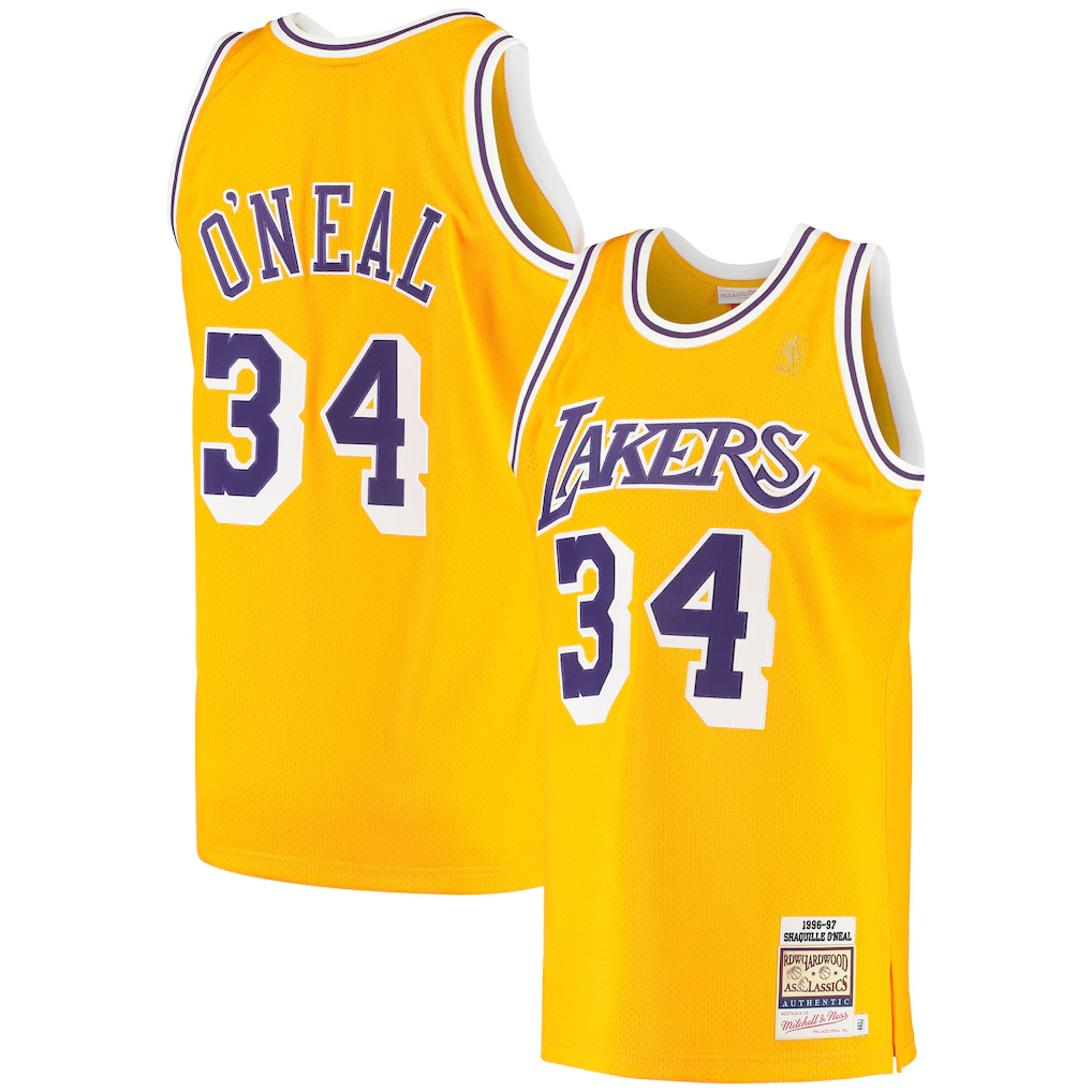 MATTH LA.Lakers #34 Shaquille O'Neal Mitchell & Ness Gold 1996-1997 Hardwood Classics Authentic Jerseys