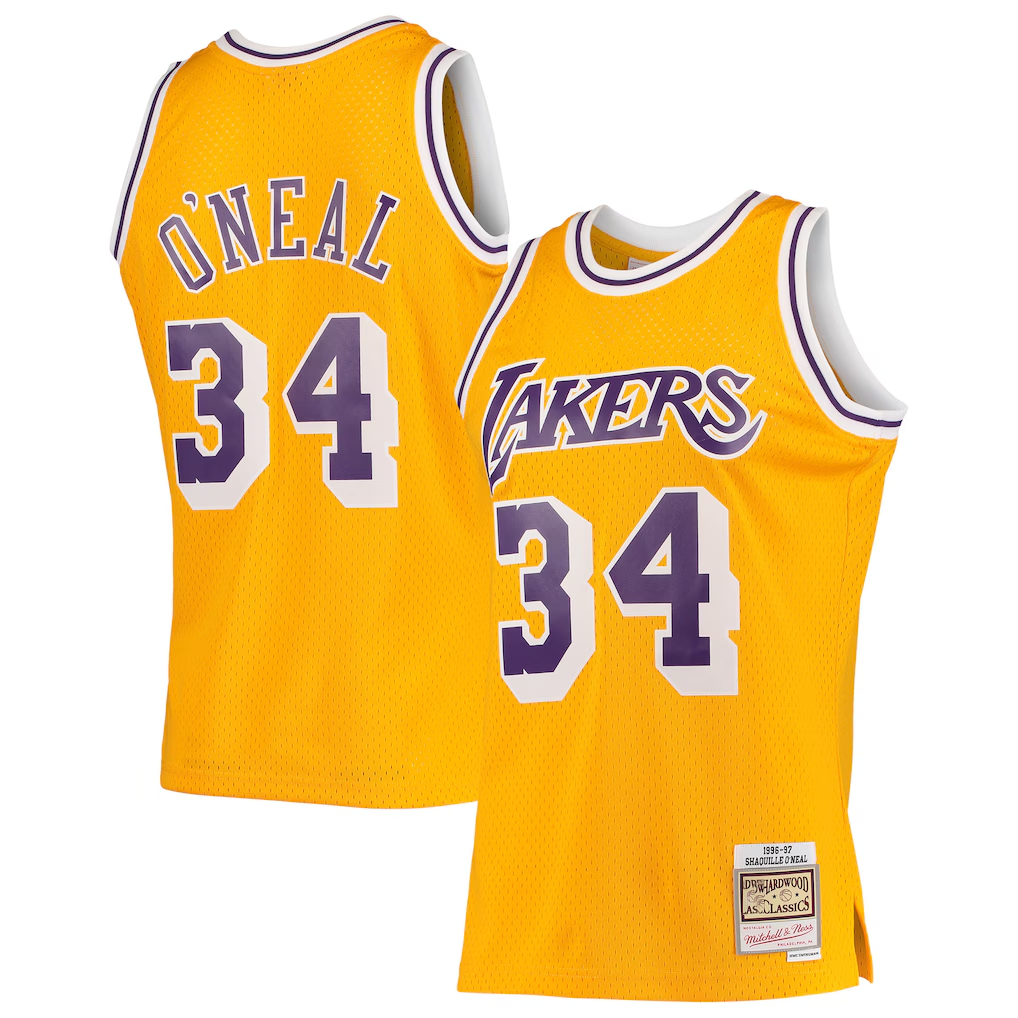 MATTH LA.Lakers #34 Shaquille O'Neal Mitchell & Ness Gold 199697 Hardwood Classics Swingman Jerseys