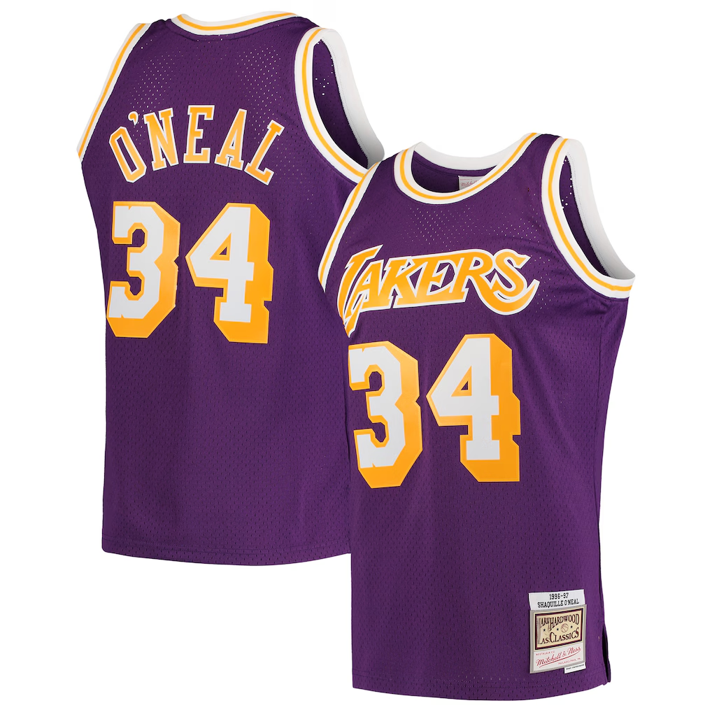 MATTH LA.Lakers #34 Shaquille O'Neal Mitchell & Ness Purple Hardwood Classics Swingman Jerseys