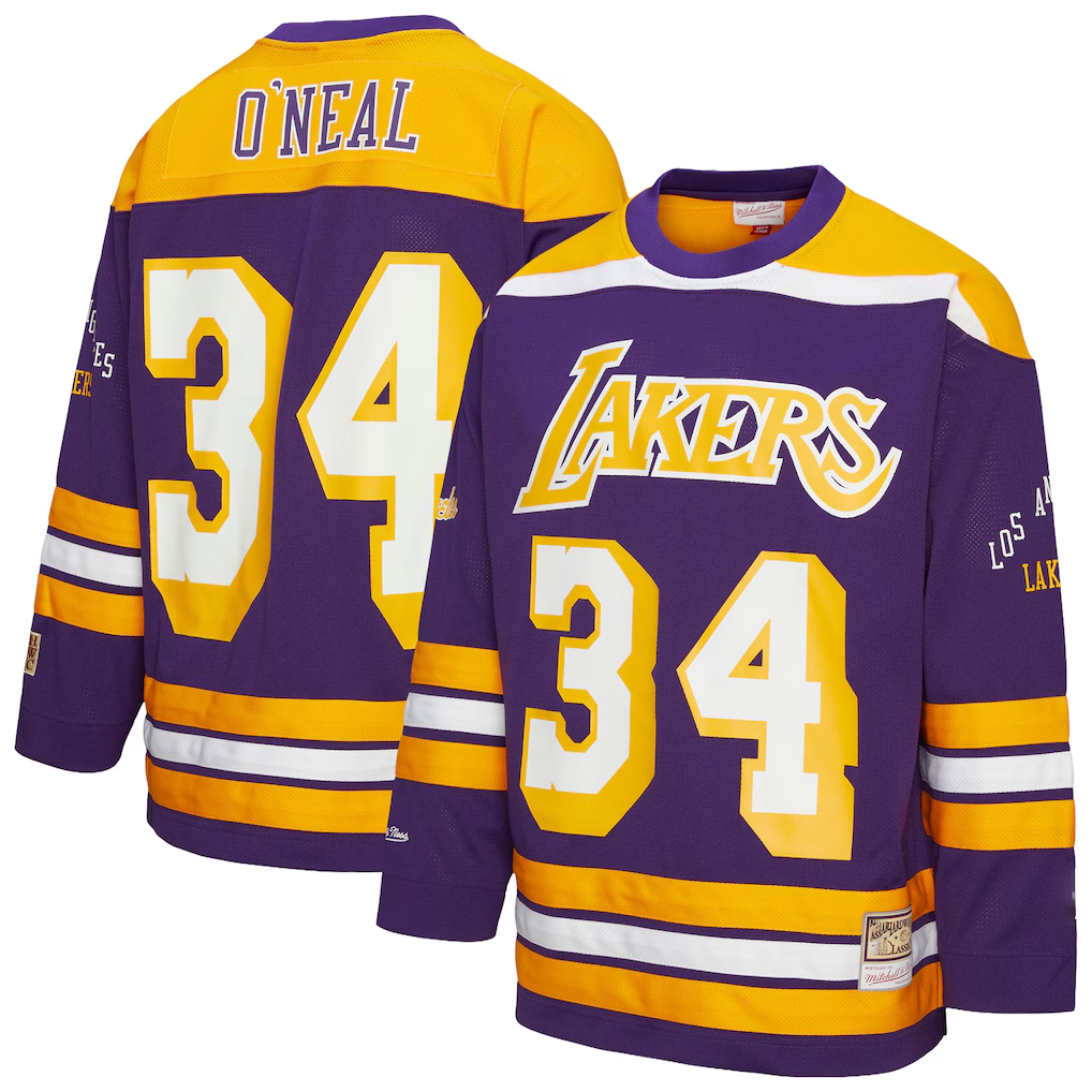 MATTH LA.Lakers #34 Shaquille O'Neal Mitchell & Ness Purple Maxxed Out Fashion Hockey Stitched Jerseys