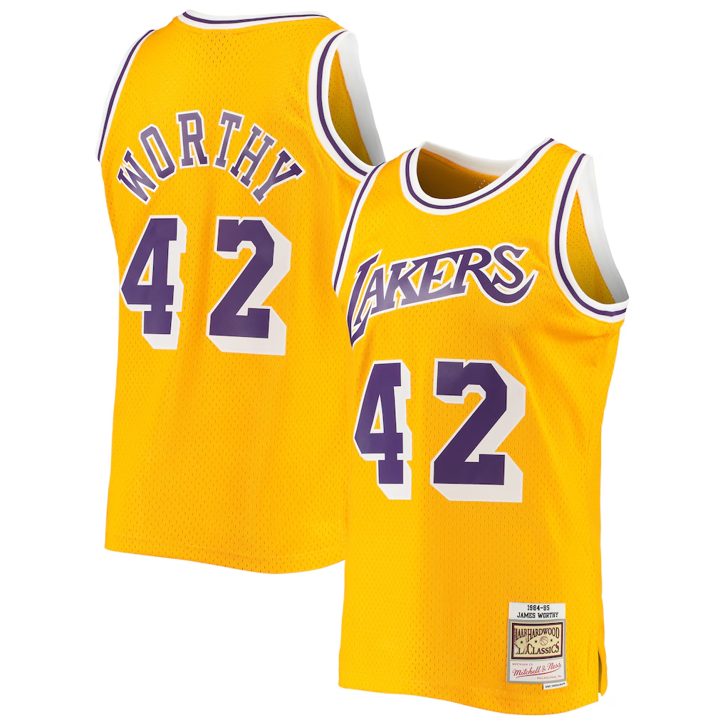 MATTH LA.Lakers #42 James Worthy Mitchell & Ness Gold 1984-1985 Hardwood Classics Swingman Stitched Jerseys